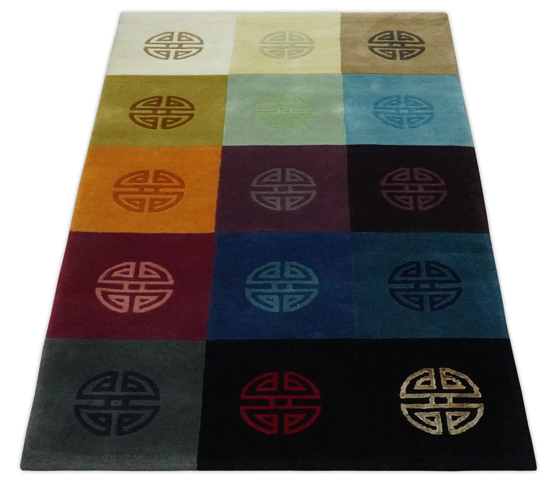 Vibrant Color full Modern Geometrical Pattern 3x5 Hand loom Wool and Art silk Aera Rug - The Rug Decor