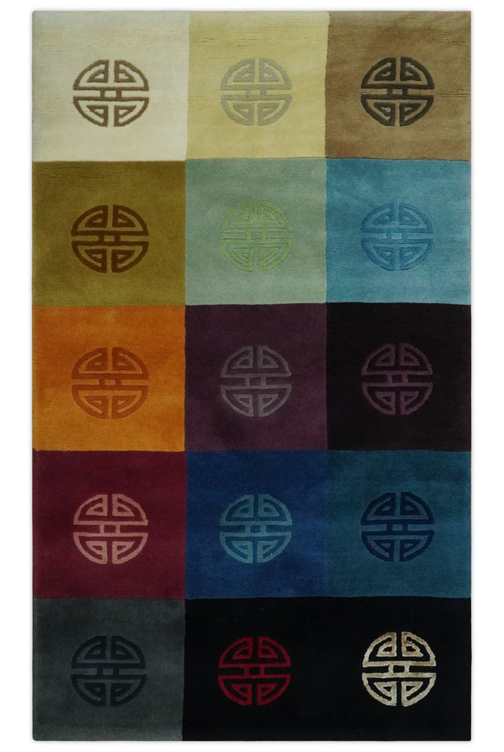 Vibrant Color full Modern Geometrical Pattern 3x5 Hand loom Wool and Art silk Aera Rug - The Rug Decor