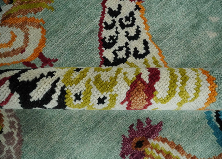 Vibrant Colorful Beautiful chicken Light Green, Ivory, Gold and Brown Hand Knotted 8x10 Wool Area Rug - The Rug Decor