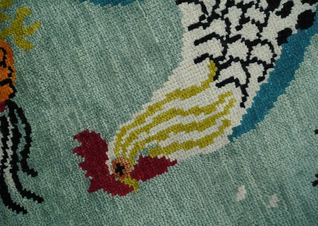 Vibrant Colorful Beautiful chicken Light Green, Ivory, Gold and Brown Hand Knotted 8x10 Wool Area Rug - The Rug Decor