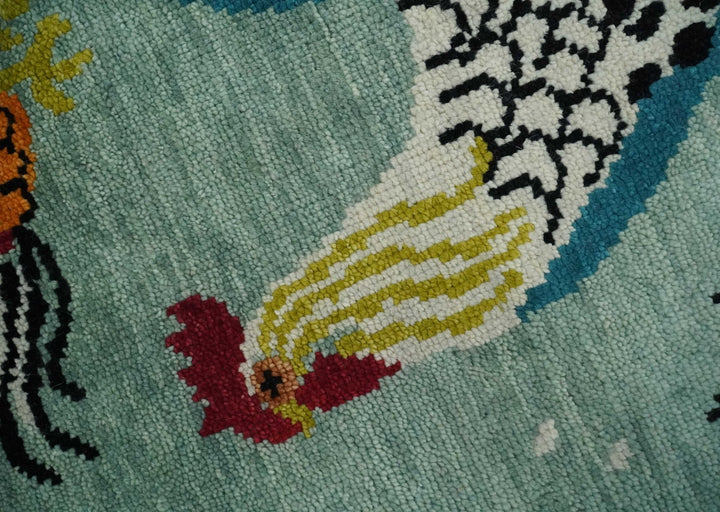 Vibrant Colorful Beautiful chicken Light Green, Ivory, Gold and Brown Hand Knotted 8x10 Wool Area Rug - The Rug Decor