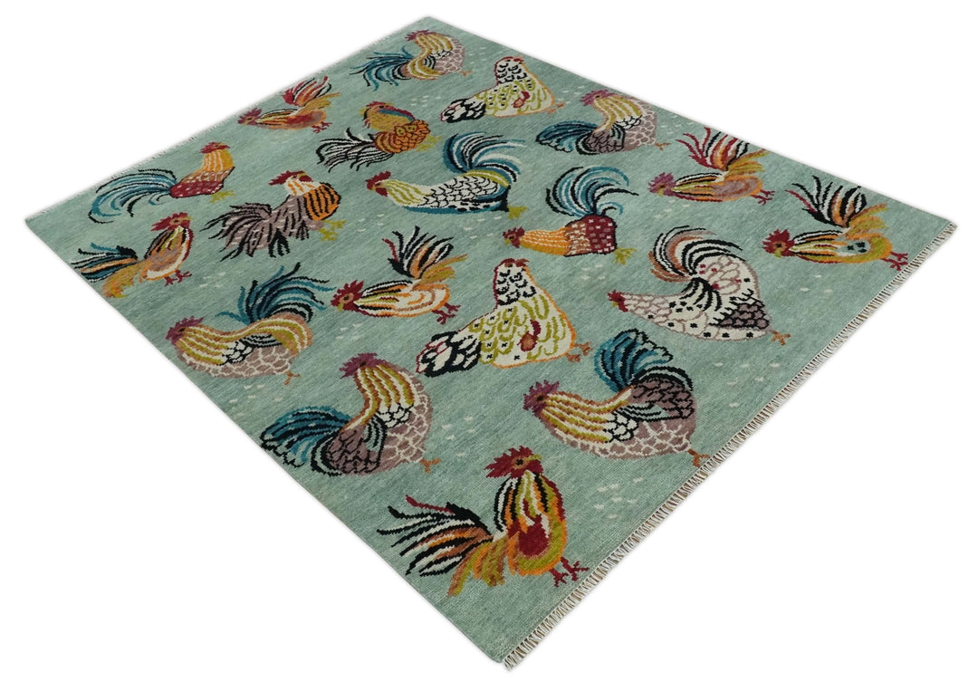 Vibrant Colorful Beautiful chicken Light Green, Ivory, Gold and Brown Hand Knotted 8x10 Wool Area Rug - The Rug Decor