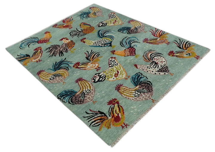 Vibrant Colorful Beautiful chicken Light Green, Ivory, Gold and Brown Hand Knotted 8x10 Wool Area Rug - The Rug Decor