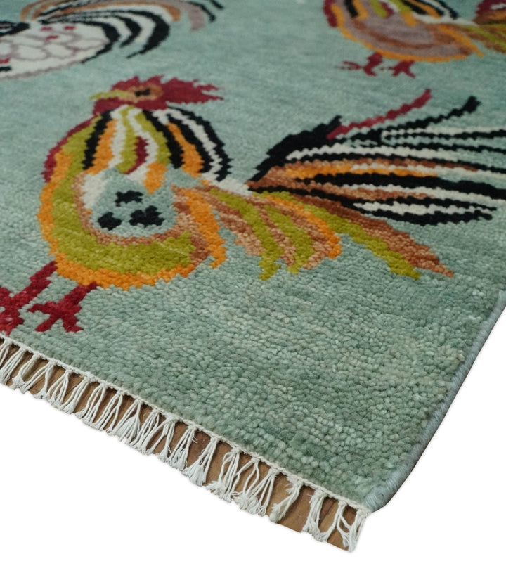 Vibrant Colorful Beautiful chicken Light Green, Ivory, Gold and Brown Hand Knotted 8x10 Wool Area Rug - The Rug Decor
