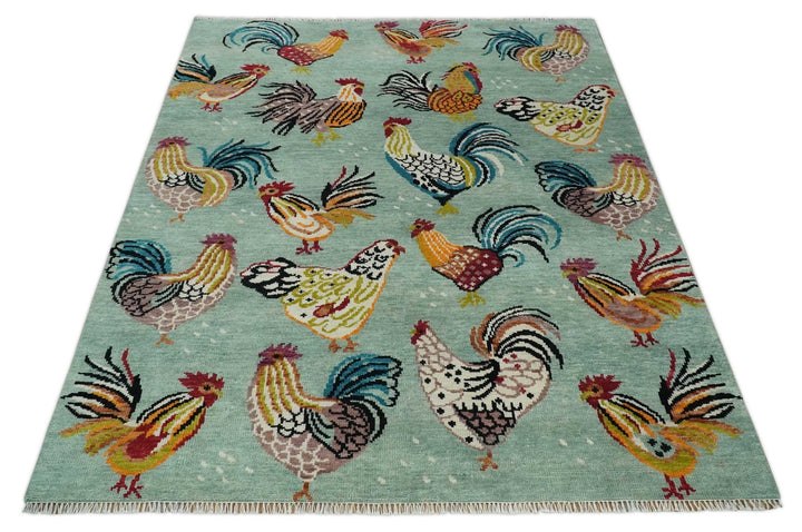 Vibrant Colorful Beautiful chicken Light Green, Ivory, Gold and Brown Hand Knotted 8x10 Wool Area Rug - The Rug Decor