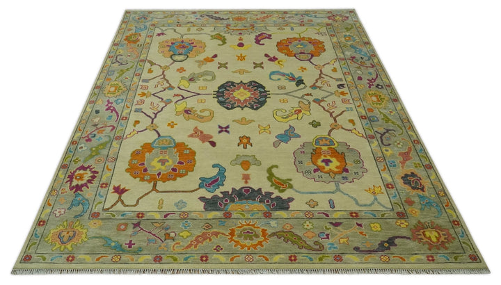 Vibrant Colorful Beige, Silver, Orange and Mustard Hand Knotted 9x12 Wool Area Rug - The Rug Decor