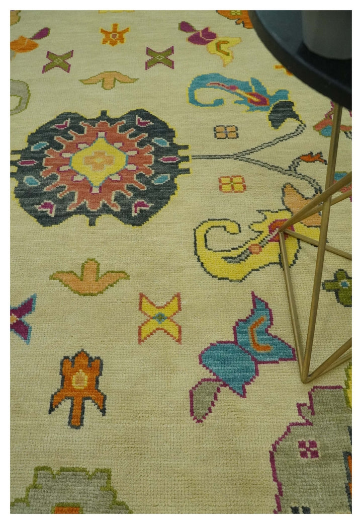Vibrant Colorful Beige, Silver, Orange and Mustard Hand Knotted 9x12 Wool Area Rug - The Rug Decor