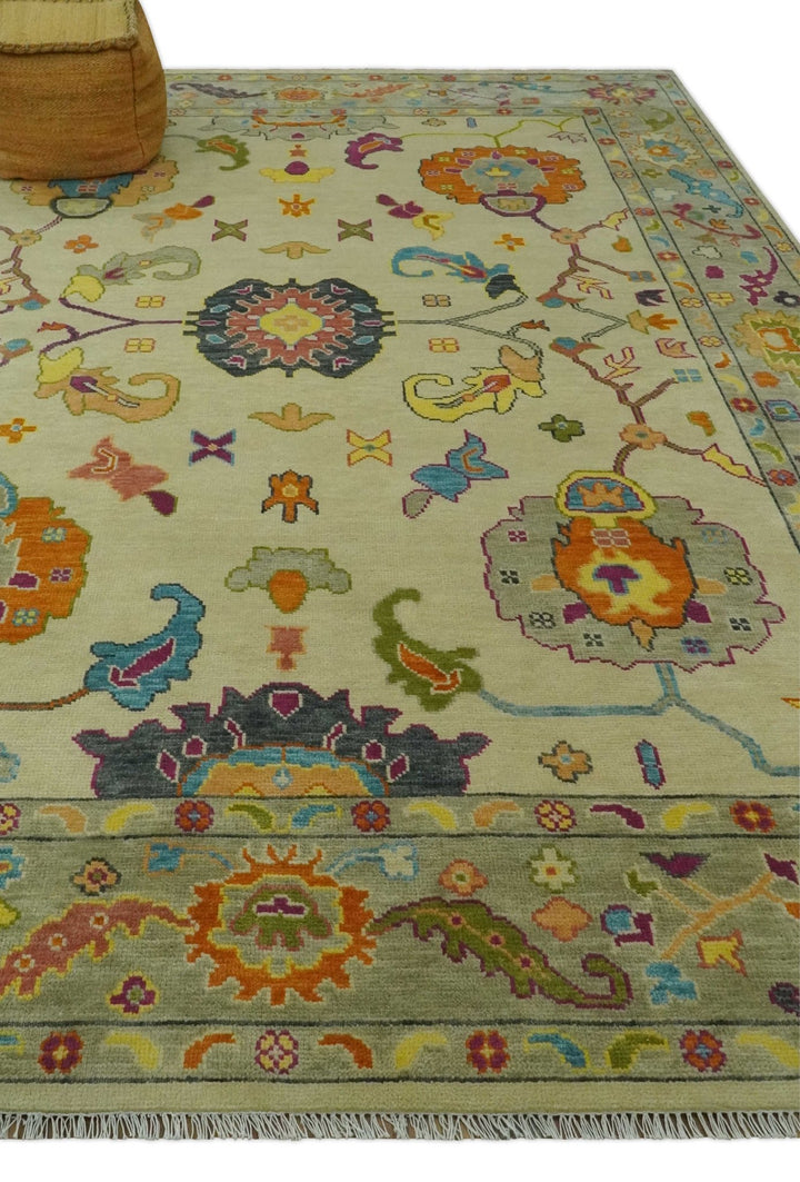 Vibrant Colorful Beige, Silver, Orange and Mustard Hand Knotted 9x12 Wool Area Rug - The Rug Decor