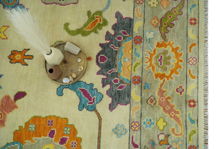 Vibrant Colorful Beige, Silver, Orange and Mustard Hand Knotted 9x12 Wool Area Rug - The Rug Decor