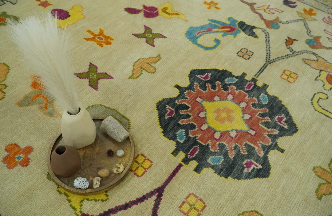 Vibrant Colorful Beige, Silver, Orange and Mustard Hand Knotted 9x12 Wool Area Rug - The Rug Decor