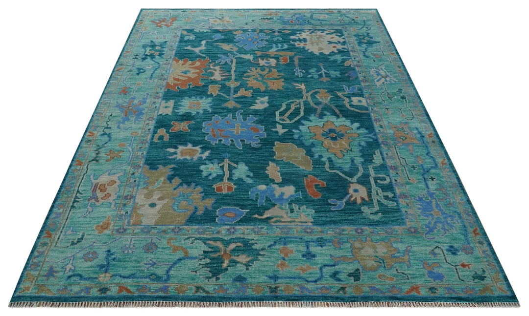 Vibrant Colorful Green, Blue and Rust Hand knotted Traditional Oushak 9x12 wool Area Rug - The Rug Decor