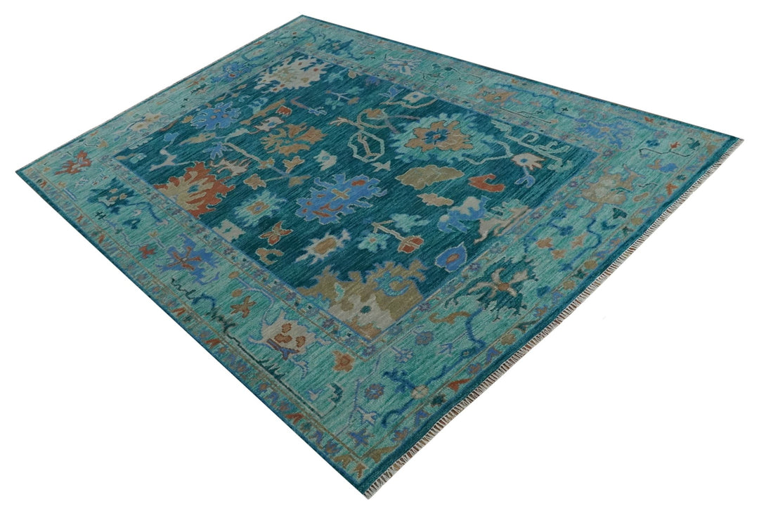 Vibrant Colorful Green, Blue and Rust Hand knotted Traditional Oushak 9x12 wool Area Rug - The Rug Decor