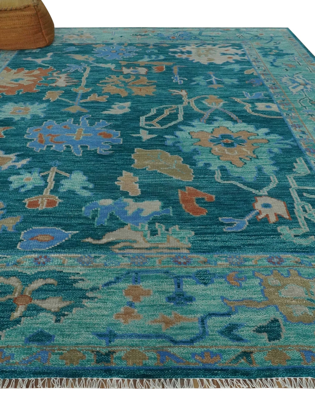 Vibrant Colorful Green, Blue and Rust Hand knotted Traditional Oushak 9x12 wool Area Rug - The Rug Decor