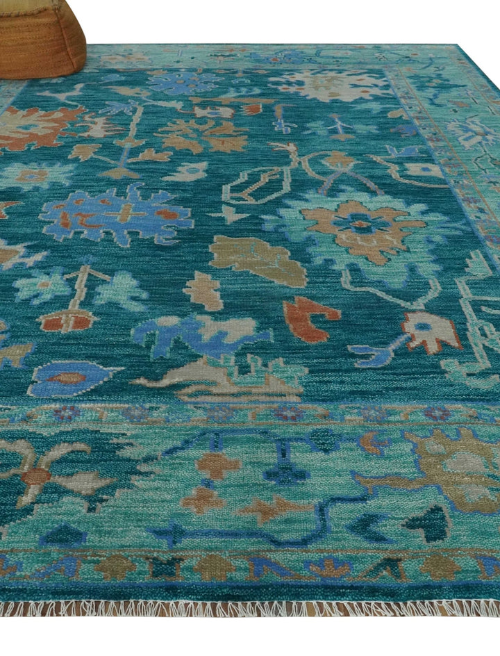 Vibrant Colorful Green, Blue and Rust Hand knotted Traditional Oushak 9x12 wool Area Rug - The Rug Decor
