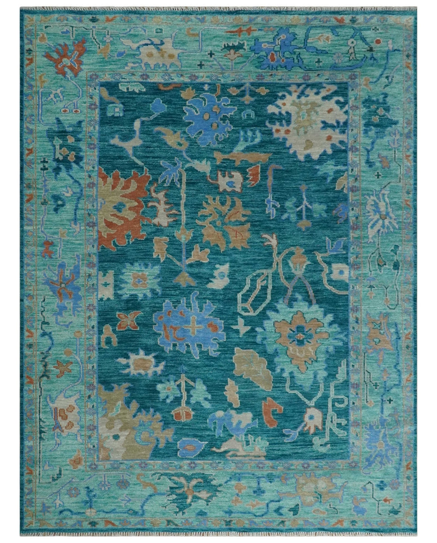 Vibrant Colorful Green, Blue and Rust Hand knotted Traditional Oushak 9x12 wool Area Rug - The Rug Decor