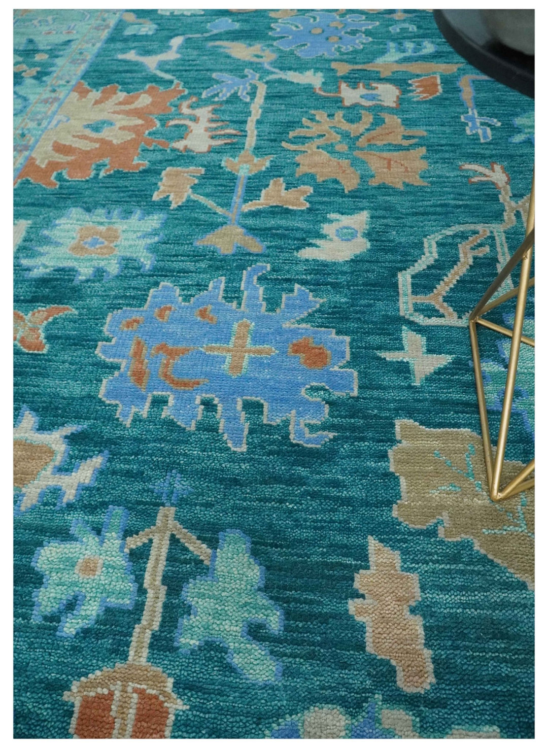 Vibrant Colorful Green, Blue and Rust Hand knotted Traditional Oushak 9x12 wool Area Rug - The Rug Decor