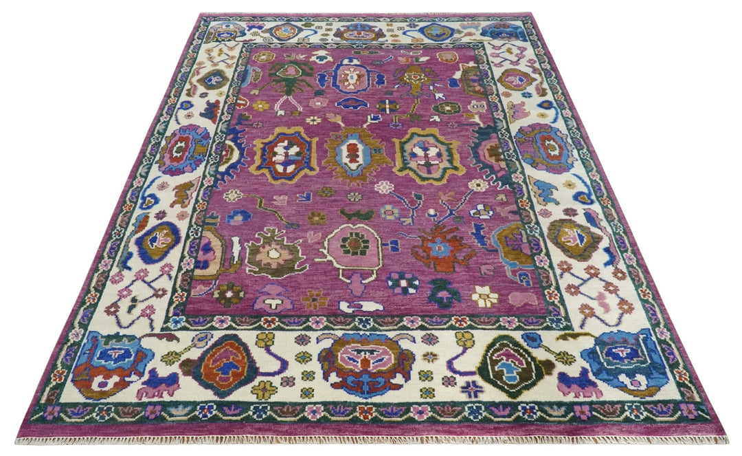Vibrant Colorful Hand knotted Purple and Ivory Oushak wool Area Rug - The Rug Decor
