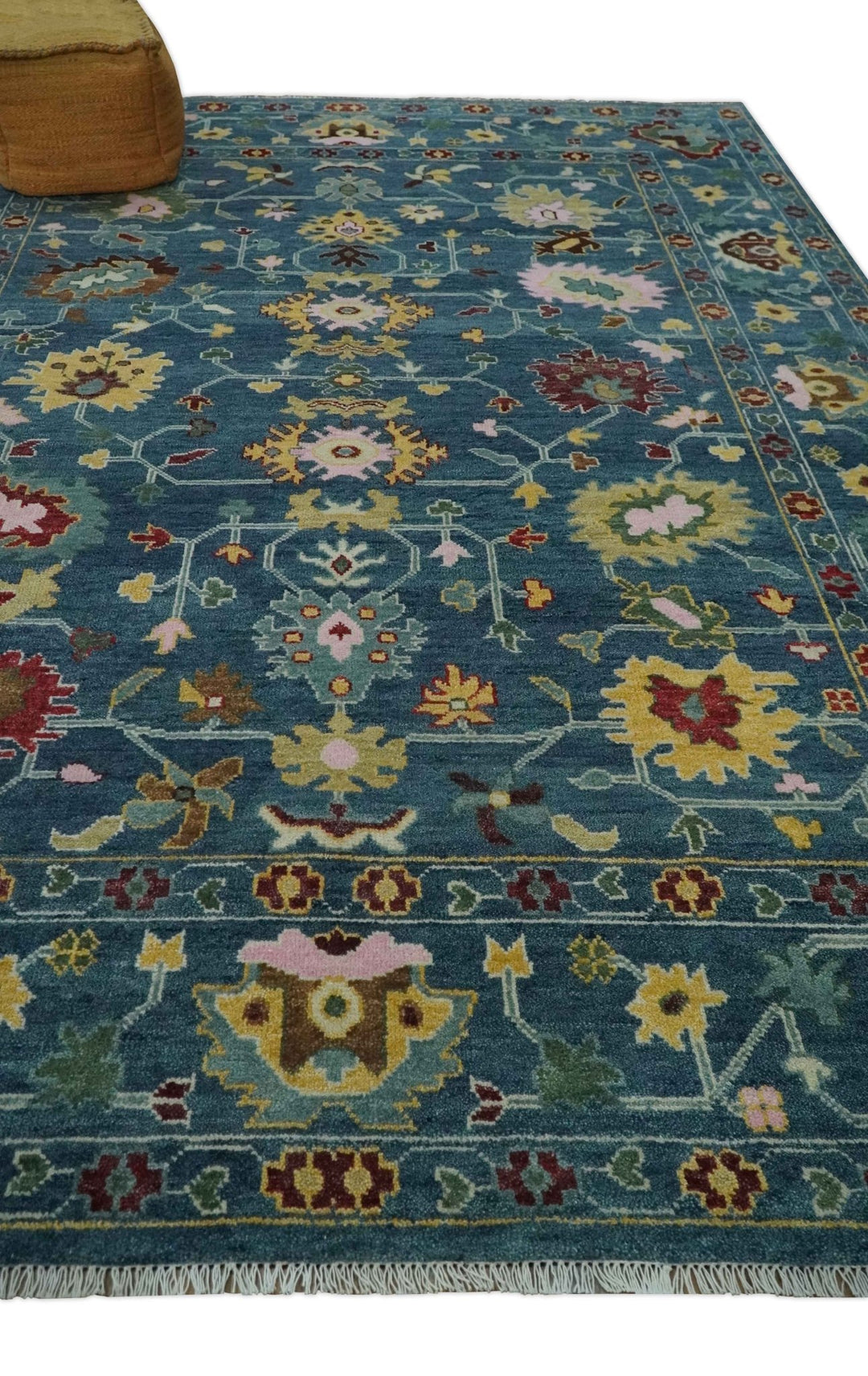 Vibrant Colorful Hand knotted Teal, Gold And Maroon 9x12 wool Area Rug - The Rug Decor