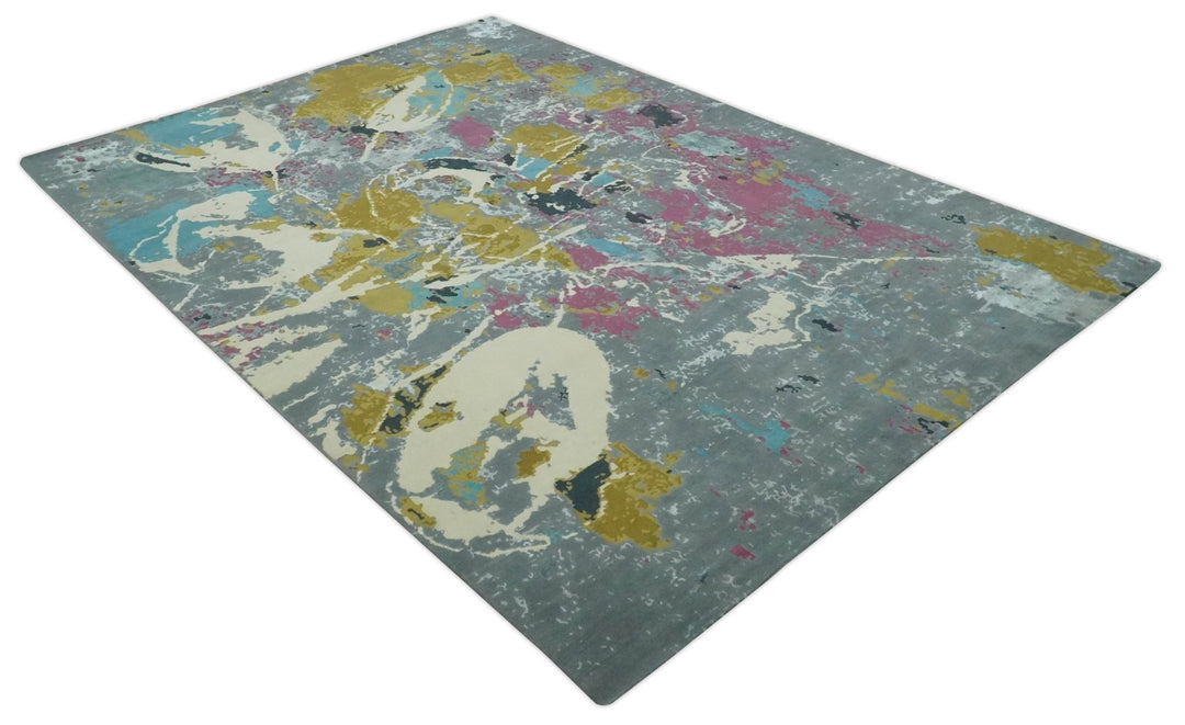 Vibrant Colorful Modern Abstract Gray, Olive, Purple and Ivory Hand knotted 10x14 and 12x15 wool Area Rug - The Rug Decor
