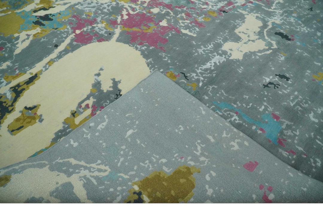 Vibrant Colorful Modern Abstract Gray, Olive, Purple and Ivory Hand knotted 10x14 and 12x15 wool Area Rug - The Rug Decor