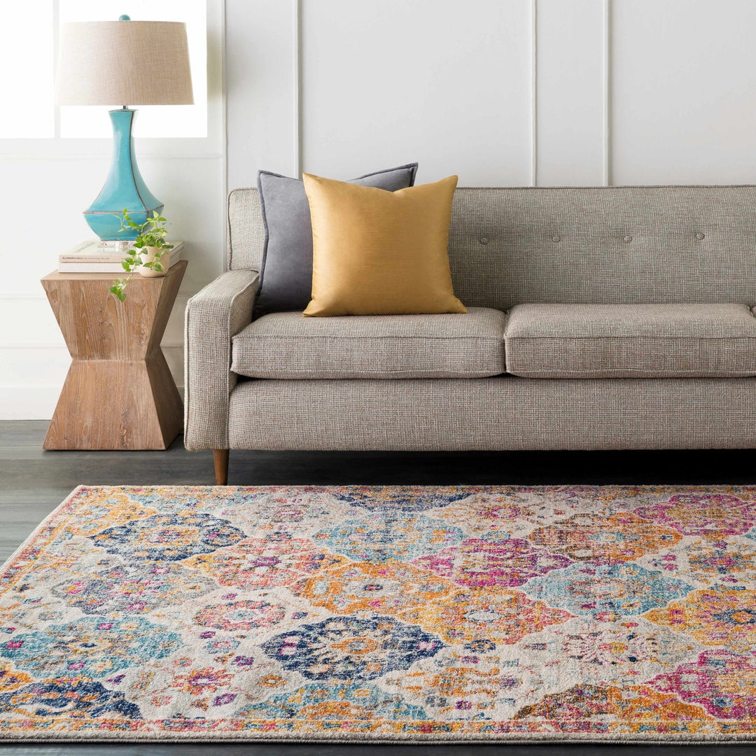 Vibrant Colorful Pink, Gold, Aqua and Blue Traditional Ikat Pattern Area Rug - The Rug Decor