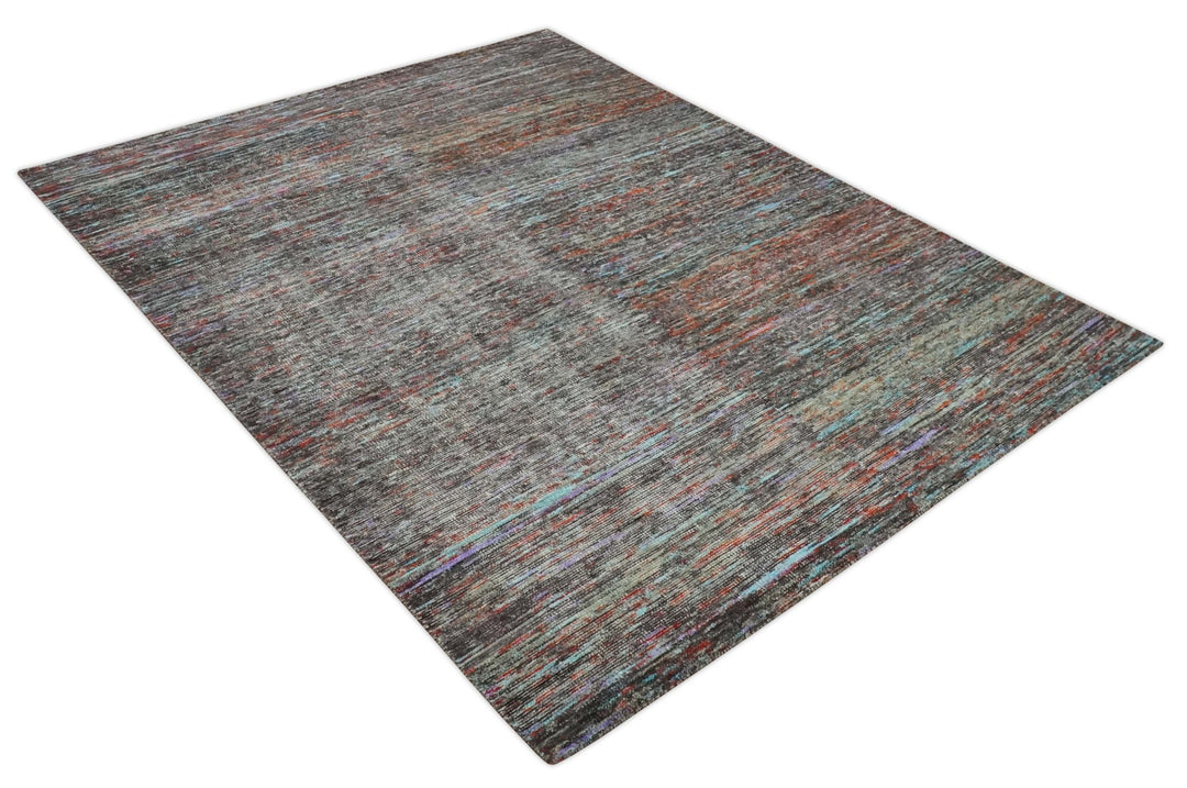 Vibrant Colorful Rust, Violet, Charcoal, Silver and Aqua Modern Abstract Flat Woven 8x10 wool Area Rug - The Rug Decor