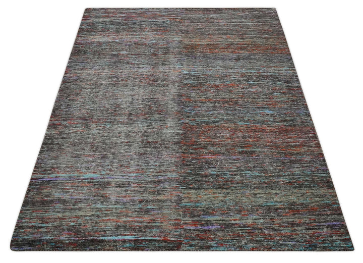 Vibrant Colorful Rust, Violet, Charcoal, Silver and Aqua Modern Abstract Flat Woven 8x10 wool Area Rug - The Rug Decor