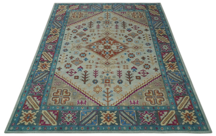 Vibrant Colorful Silver, Beige, Blue and Brown Traditional Heriz Multi Size wool Area Rug - The Rug Decor
