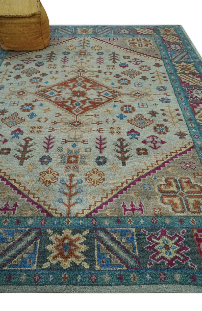 Vibrant Colorful Silver, Beige, Blue and Brown Traditional Heriz Multi Size wool Area Rug - The Rug Decor