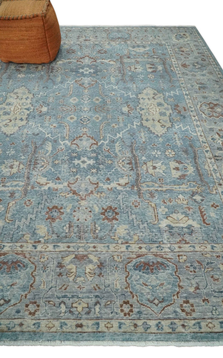 Vintage 6x9, 8x10 and 9x12 Hand Knotted Traditional Blue and Beige Antique Textured Oxidized Low Pile Wool Rug | TRD2430810 - The Rug Decor
