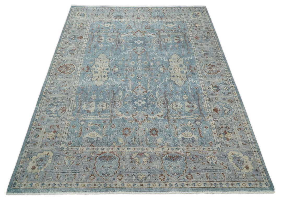 Vintage 6x9, 8x10 and 9x12 Hand Knotted Traditional Blue and Beige Antique Textured Oxidized Low Pile Wool Rug | TRD2430810 - The Rug Decor