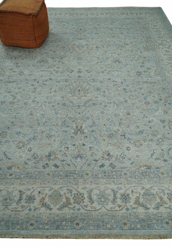 Vintage 6x9, 8x10 and 9x12 Hand Knotted Traditional Silver, brown and Beige Antique Textured Low Pile Distressed Wool Rug | TRD53114 - The Rug Decor