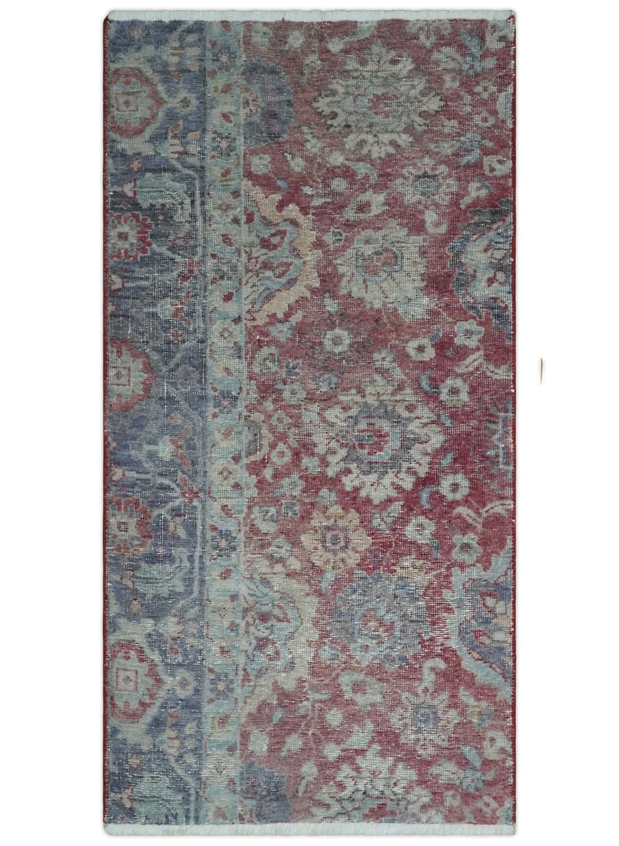 Vintage Hand Knotted 2x4 Maroon and Blue Traditional Oxidized Textured Persian Low Pile Wool Rug| N1824 - The Rug Decor