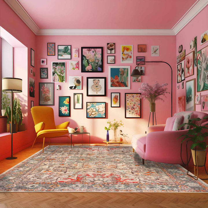 Vintage Look Green, Beige, Silver and Pink Machine Woven Area Rug - The Rug Decor