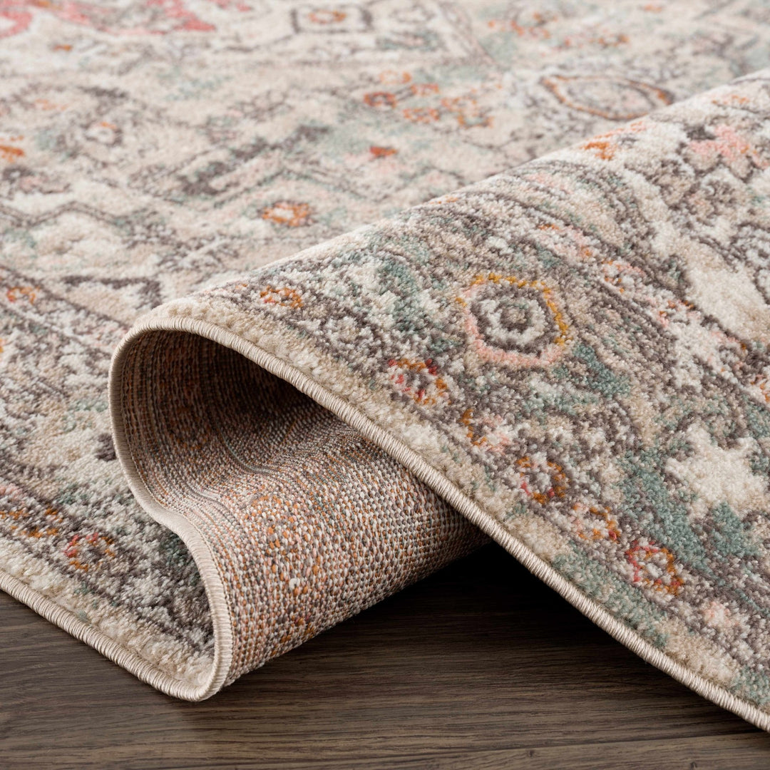 Vintage Look Green, Beige, Silver and Pink Machine Woven Area Rug - The Rug Decor