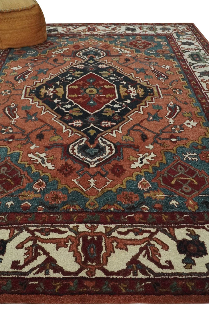 Vintage Style Black, Rust, Teal and Ivory Hand Tufted 8x10 Traditional wool Area Rug - The Rug Decor