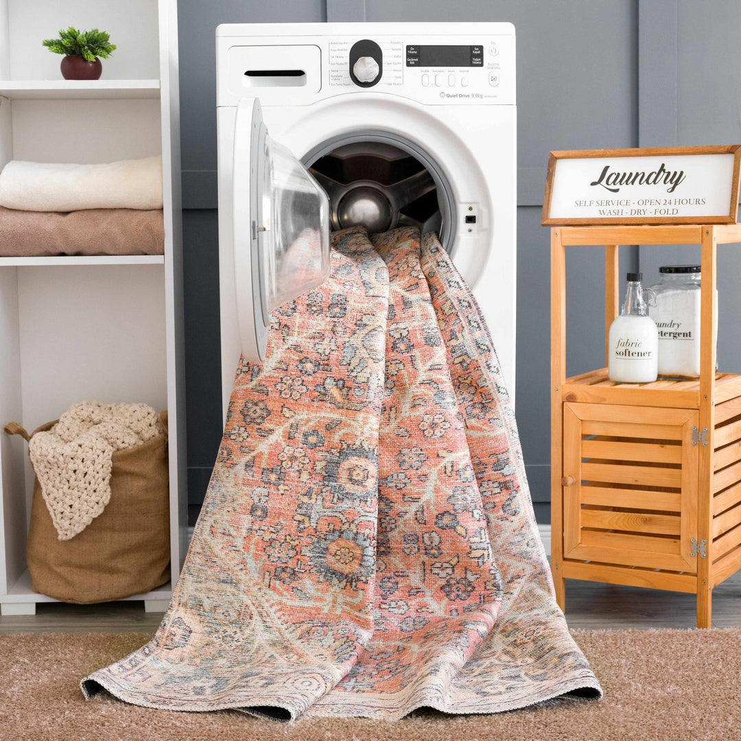 Vintage Style Dark Peach, Purple and Beige Traditional Design Washable Area Rug - The Rug Decor