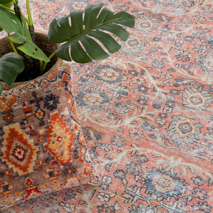 Vintage style Floral Peach, Blue and Ivory Low pile Oriental Oushak Design Area Rug - The Rug Decor