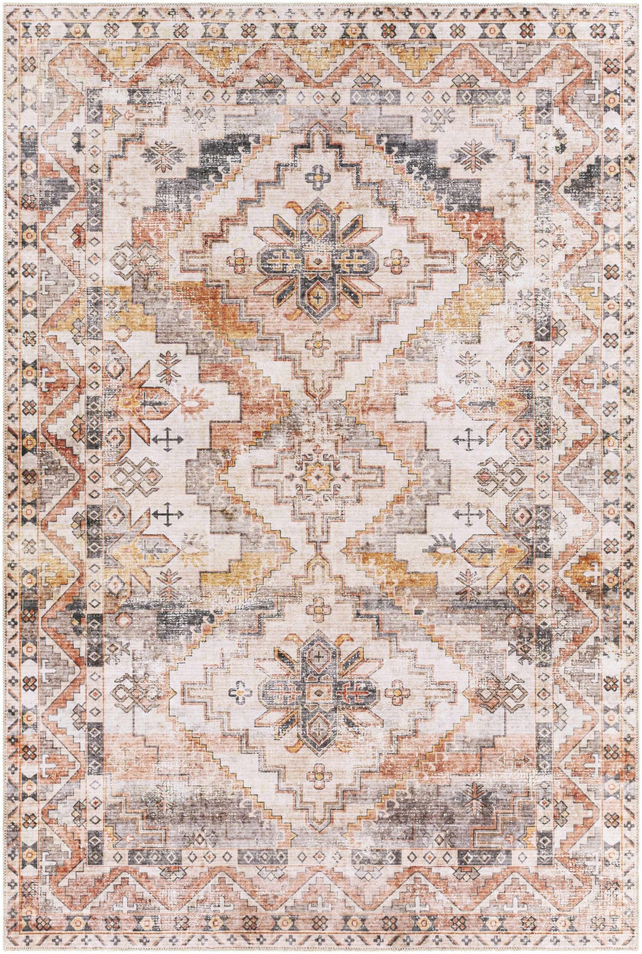 Vintage Style Machine woven Rust, Ivory, Charcoal and Gold Traditional Washable Area Rug - The Rug Decor