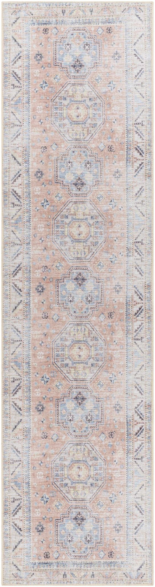 Vintage Style Peach, Blue and Charcoal Traditional Machine washable Area Rug - The Rug Decor