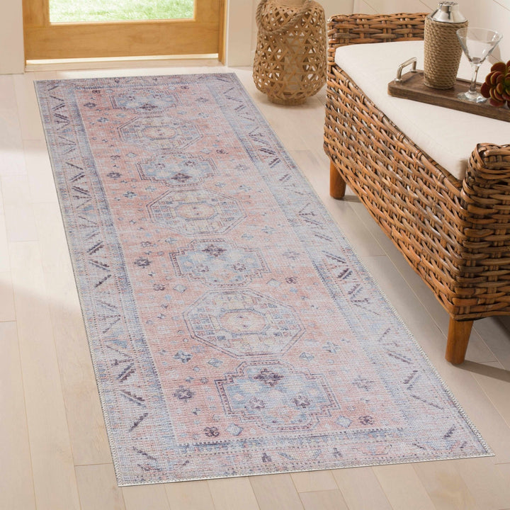 Vintage Style Peach, Blue and Charcoal Traditional Machine washable Area Rug - The Rug Decor