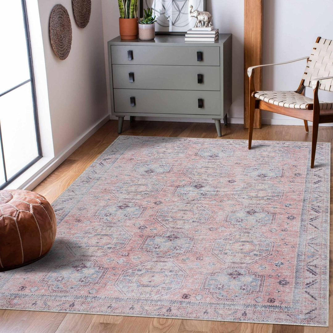 Vintage Style Peach, Blue and Charcoal Traditional Machine washable Area Rug - The Rug Decor