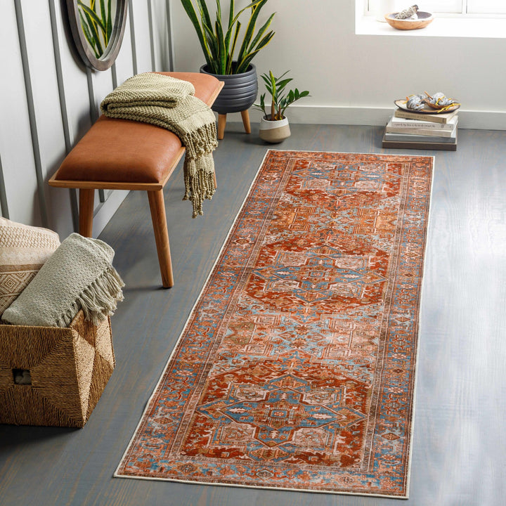 Vintage Style Rust, Blue and Ivory Traditional Medallion Washable Area Rug - The Rug Decor
