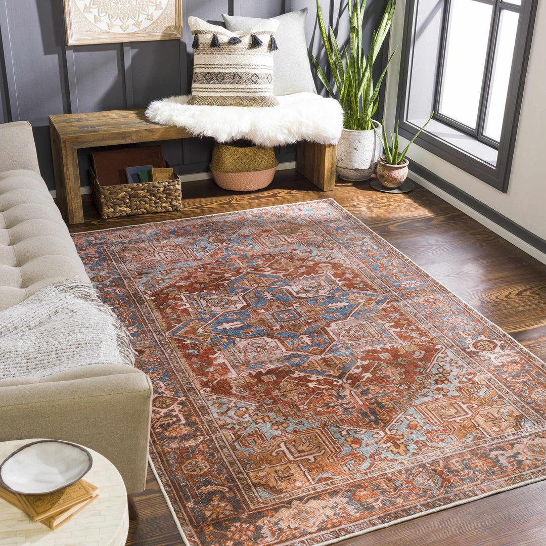 Vintage Style Rust, Blue and Ivory Traditional Medallion Washable Area Rug - The Rug Decor