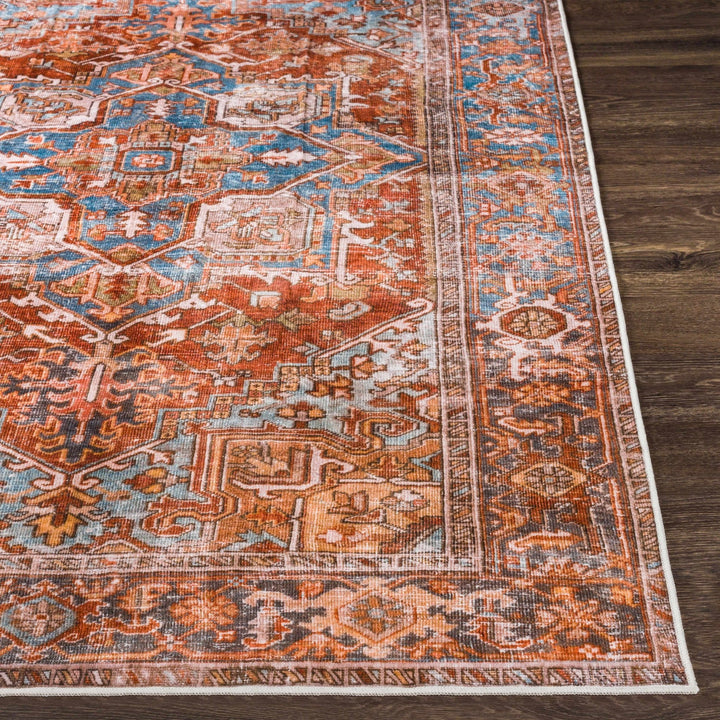 Vintage Style Rust, Blue and Ivory Traditional Medallion Washable Area Rug - The Rug Decor