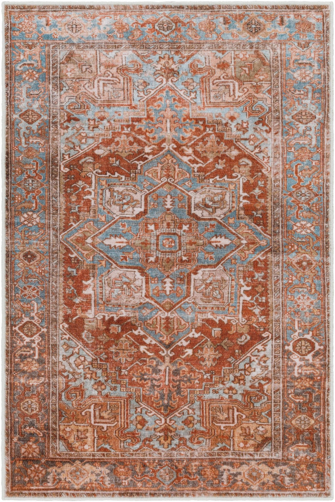Vintage Style Rust, Blue and Ivory Traditional Medallion Washable Area Rug - The Rug Decor