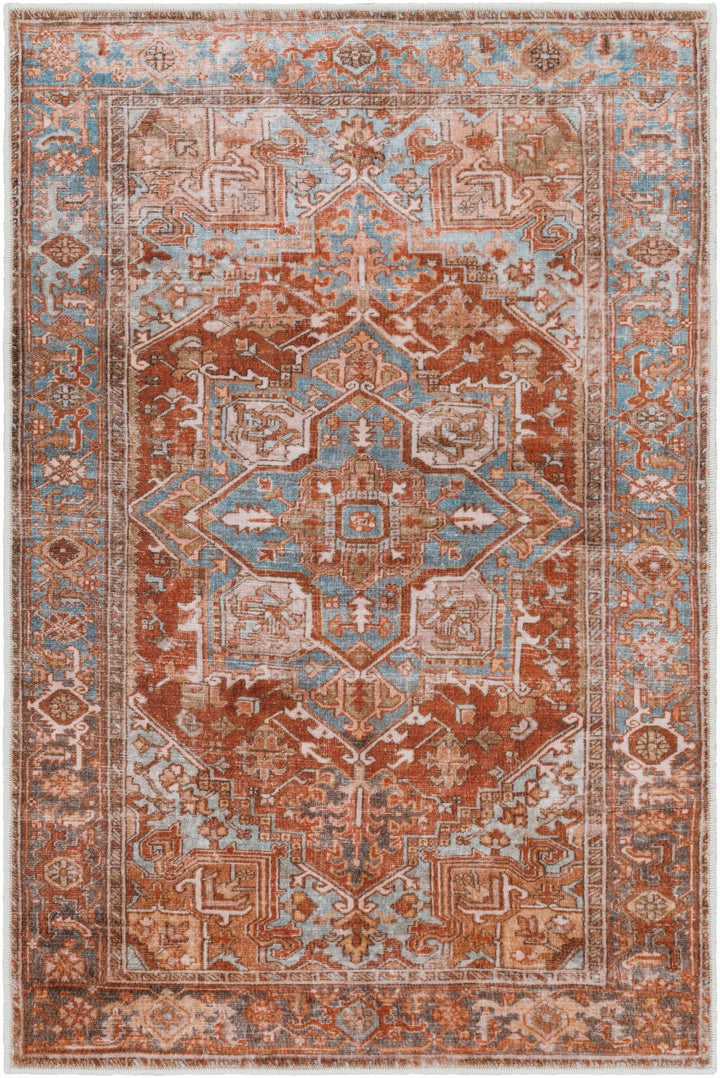 Vintage Style Rust, Blue and Ivory Traditional Medallion Washable Area Rug - The Rug Decor