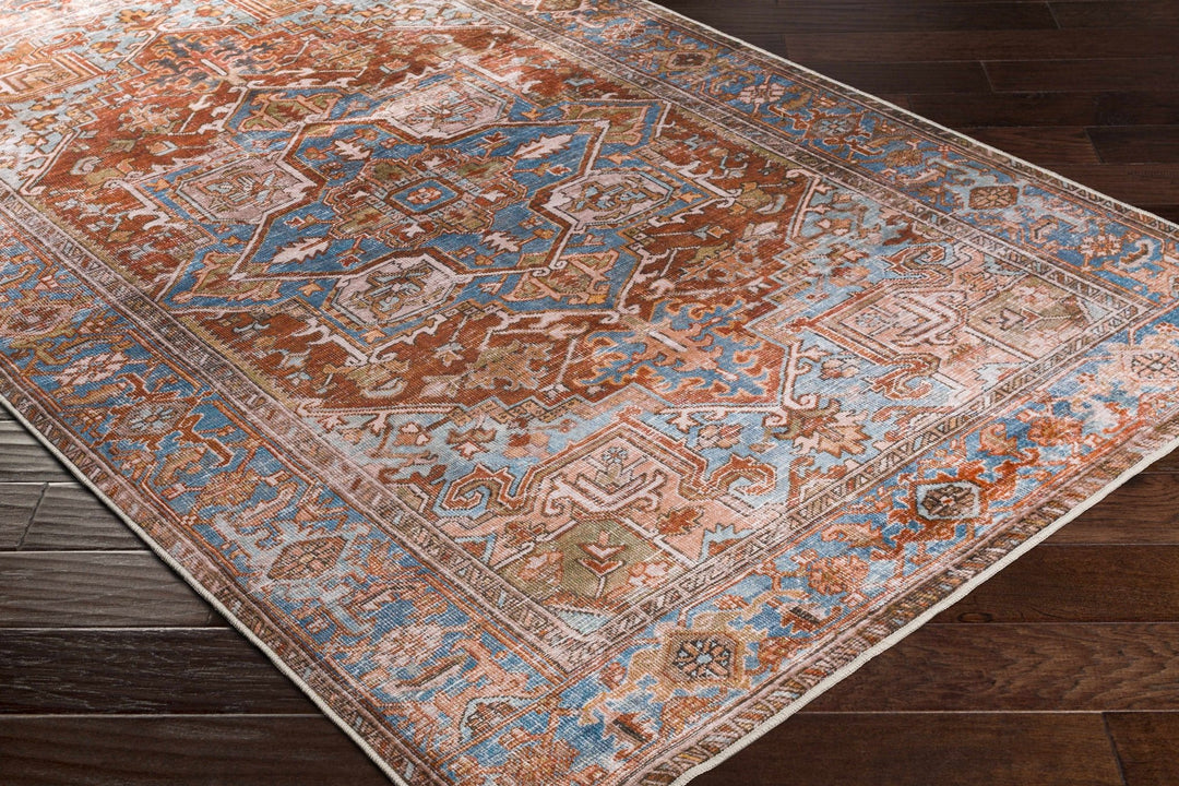 Vintage Style Rust, Blue and Ivory Traditional Medallion Washable Area Rug - The Rug Decor
