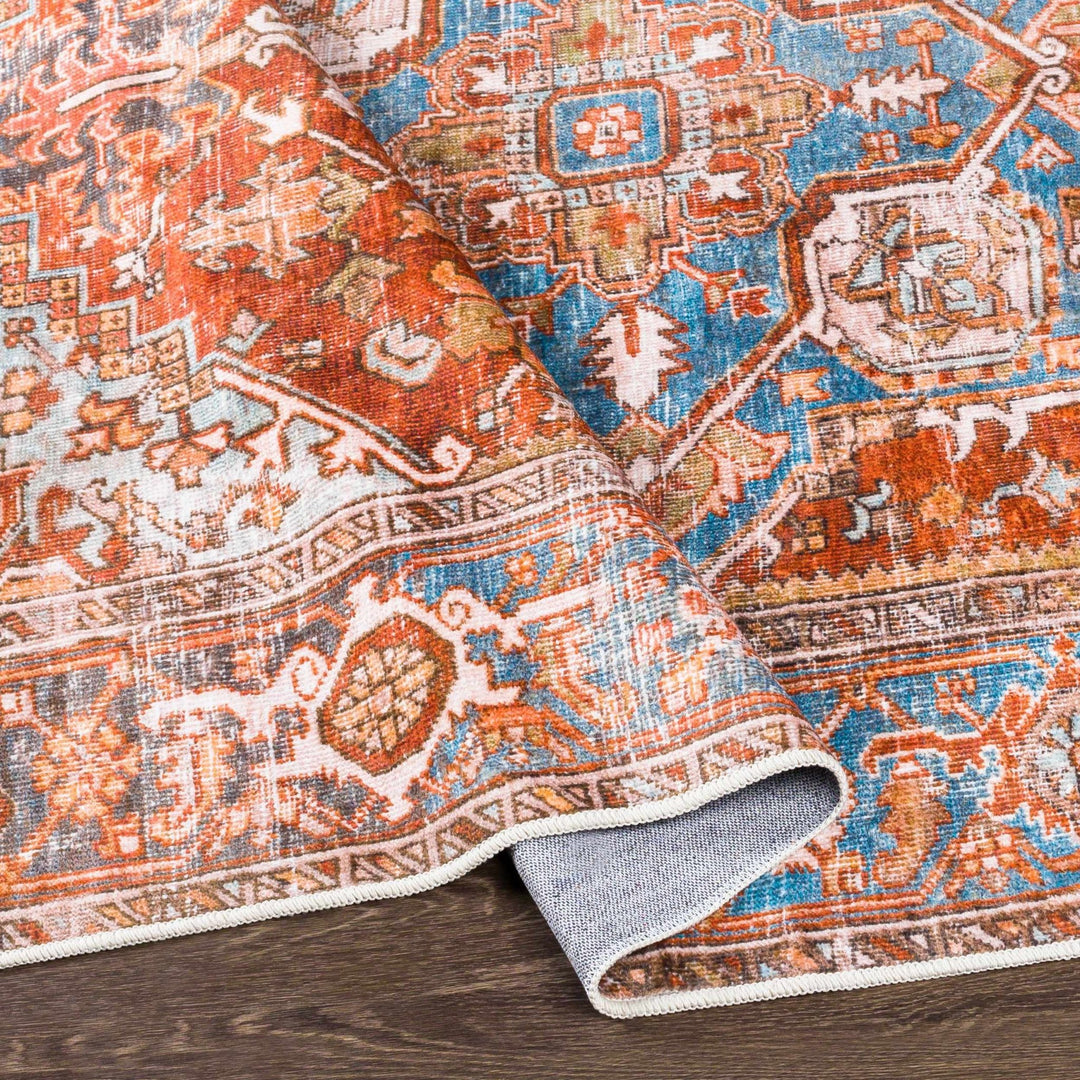 Vintage Style Rust, Blue and Ivory Traditional Medallion Washable Area Rug - The Rug Decor