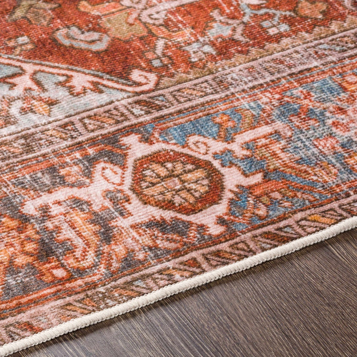 Vintage Style Rust, Blue and Ivory Traditional Medallion Washable Area Rug - The Rug Decor